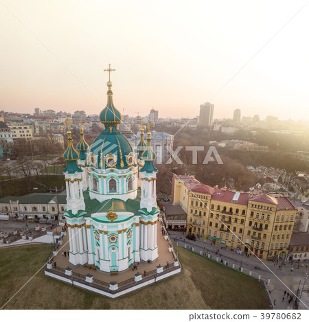 Famous saint Andrew's church and panorama of Kiev Famous saint Andrew's church and panorama of Kiev 39780682