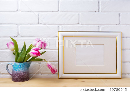Gold decorate landscape frame mockup magenta tulip Gold decorate landscape frame mockup magenta tulip 39780945