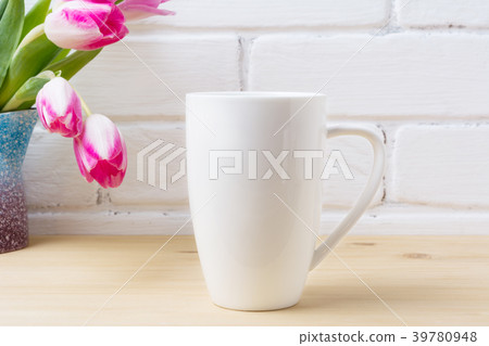 White coffee cappuccino mug mockup magenta tulips 39780948