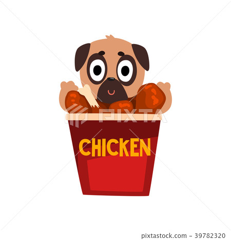 Cute pug dog inside a basket of fried chicken 39782320
