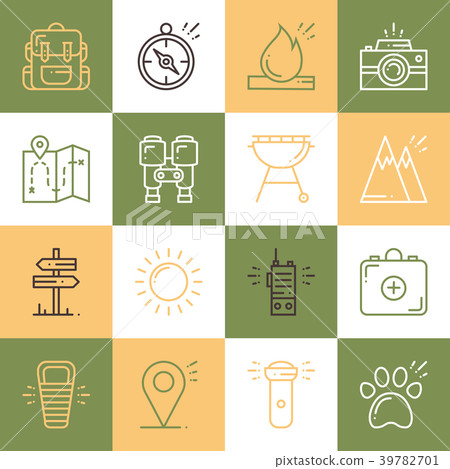 Hiking and Camping Line Icons Set. Outdoor Camp - Stock Illustration ...