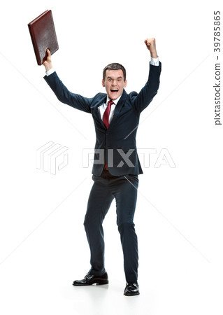 Funny cheerful businessman over white background Funny cheerful businessman over white background 39785865