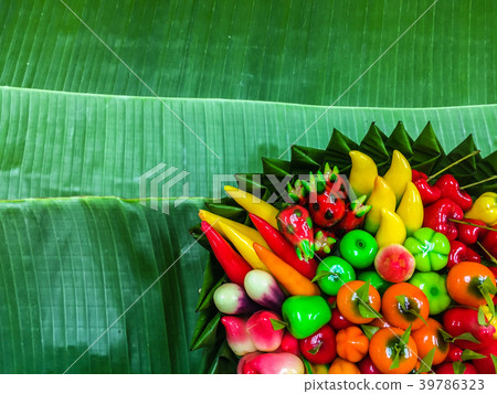 Fruit Shaped Mung Beans in Jelly on banana leaves  39786323