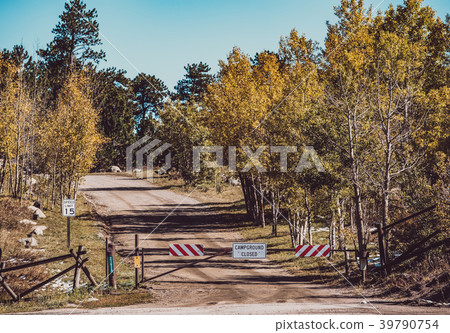 Campground closed sign on gate Campground closed sign on gate 39790754