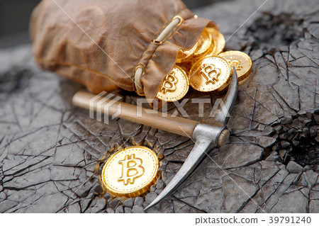 Bitcoin mining concept with pickaxe and leather 39791240