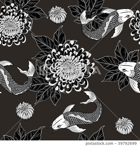 Koi fish and chrysanthemum pattern by hand drawing 39792699
