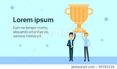 Successful Business Men Holding Golden Cup Over Successful Business Men Holding Golden Cup Over 39793139