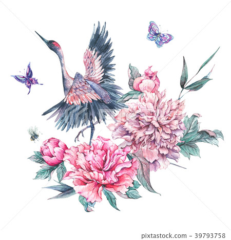 Watercolor nature card with crane and pink peonies Watercolor nature card with crane and pink peonies 39793758