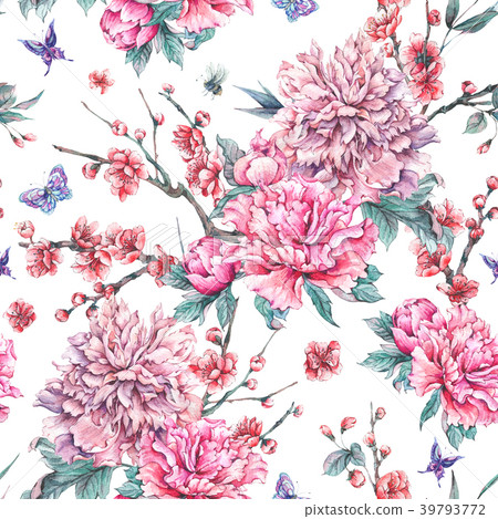 Watercolor seamless pattern with blooming cherry Watercolor seamless pattern with blooming cherry 39793772