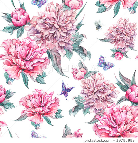 Watercolor seamless pattern pink flowers peonies - Stock Illustration ...