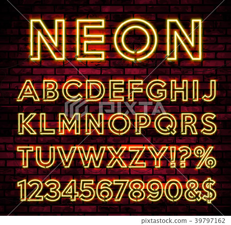 Bright Neon Alphabet on dark brick wall background 39797162