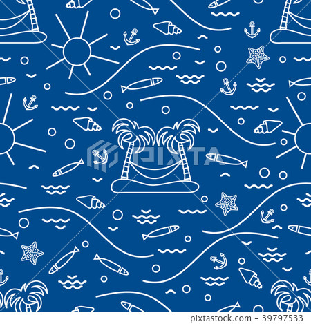 Cute seamless pattern with fish, island with palm 39797533