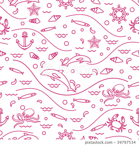 Cute seamless pattern with dolphins, octopus, 39797534