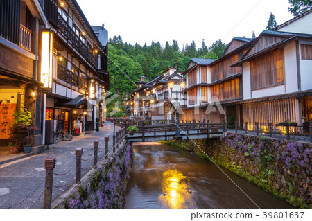Ginzan Onsen Hot spring area around the night sky 39801637
