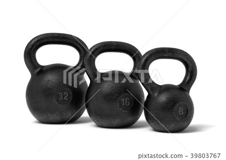 3d rendering of three black iron kettlebells with 3d rendering of three black iron kettlebells with 39803767