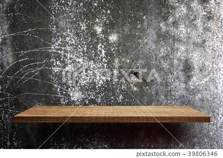 Blank wooden display shelf on white cement wall Blank wooden display shelf on white cement wall 39806346