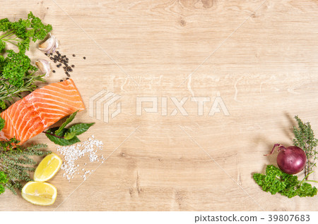 Fresh salmon fish fillet herbs spices Seafood 39807683