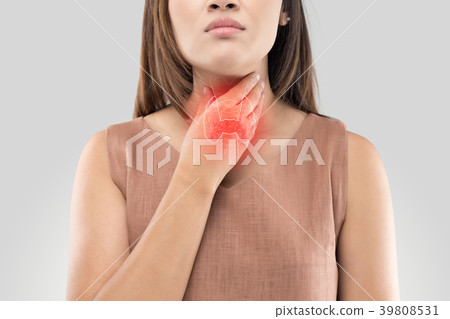Sore throat woman on gray background Sore throat woman on gray background 39808531