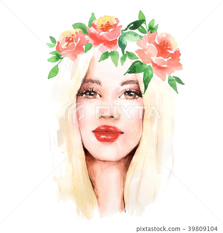 Beautiful girl in wreath. Female face, watercolor  39809104
