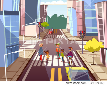 Vector cartoon people crossing road concept Vector cartoon people crossing road concept 39809463