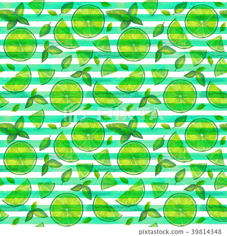 Lime slices, mint leaves seamless striped pattern 39814348
