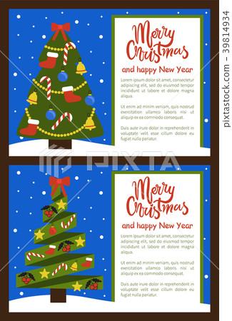 Merry Christmas Poster with Tree Decorated by Toys Merry Christmas Poster with Tree Decorated by Toys 39814934