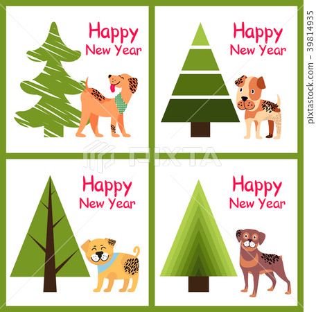 Happy New Year Posters Set Christmas Trees Puppies 39814935