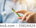 Syringe, medical injection in hand.  39816424