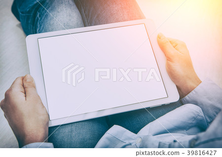 Tablet white background holding woman concept. Tablet white background holding woman concept. 39816427