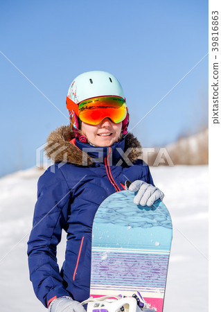 Portrait of smiling sportswoman in helmet with Portrait of smiling sportswoman in helmet with 39816863