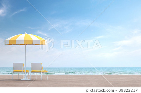 Sea side terrace with yellow umbrella 3d render 39822217