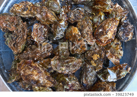 closeup of oyster shells for diner 39823749