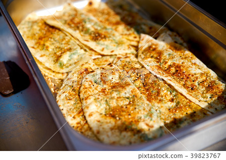 A tray of cooked Gozleme. Traditional Turkish food 39823767