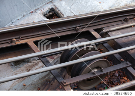 Funicular details. Rails, moving traction cable Funicular details. Rails, moving traction cable 39824690