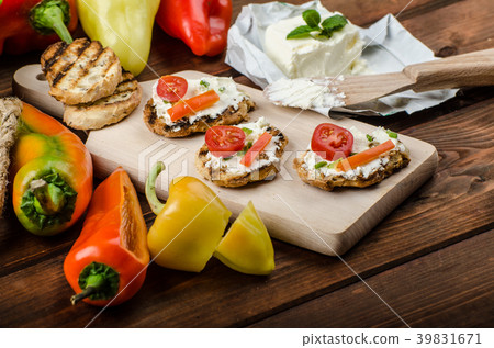 Healthy baguette, spread curd cheese with vegetable and herbs 39831671