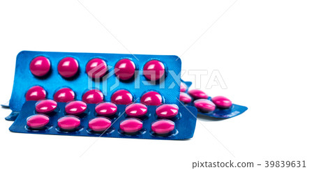 Ibuprofen in pink tablet pills pack in blue pack 39839631