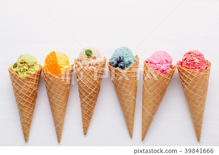 Various of ice cream flavor in cones . 39841666