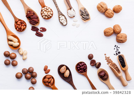 Spoon of various legumes and different of nuts  39842328
