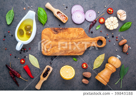 Steak concept cutting board on dark stone Steak concept cutting board on dark stone 39843188
