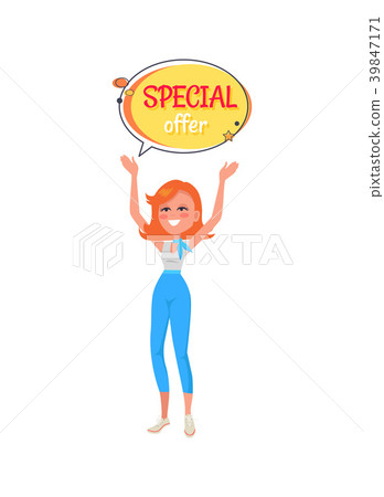 Woman Holding in Hands Sticker with Special Offer 39847171