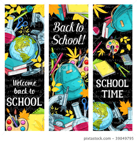 Back to School vector sketch stationery banners - Stock Illustration ...