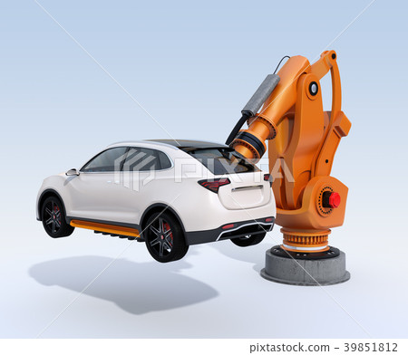 運載在淺蘭的背景的一個大工業機器人的圖像白色SUV。智能工廠的概念 39851812