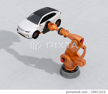 運載白色SUV的一個大工業機器人的圖像。智能工廠的概念 39851819