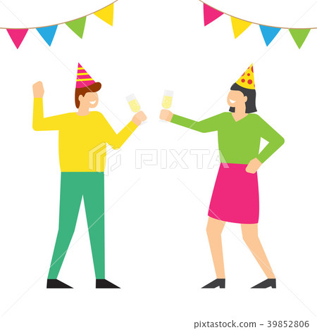 People celebrating birthday party in festive caps. 39852806