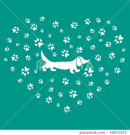 dachshund silhouette on a background of dog tracks 39853972