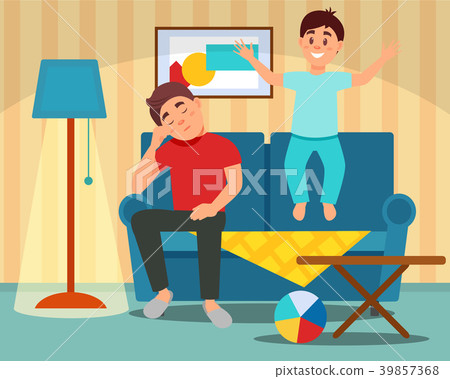 Tired father sitting on the couch next to the Tired father sitting on the couch next to the 39857368
