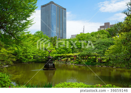 Wakaba和新鮮的綠色日比谷公園起重機噴泉和東京中城日比谷 Wakaba和新鮮的綠色日比谷公園起重機噴泉和東京中城日比谷 39859146