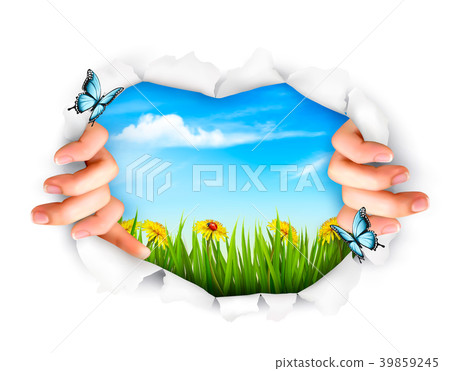 Nature background with hands ripping a paper. - Stock Illustration