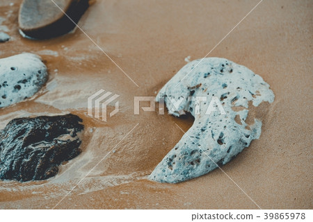 Pieces of coral reef lies on the beach in sand. Pieces of coral reef lies on the beach in sand. 39865978