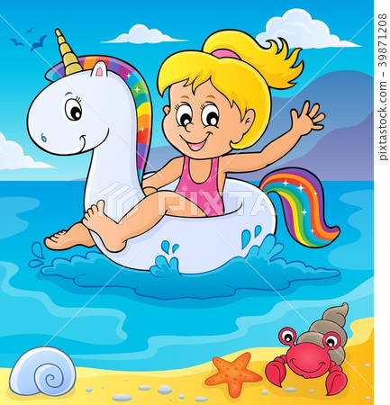 Girl floating on inflatable unicorn 2 Girl floating on inflatable unicorn 2 39871208